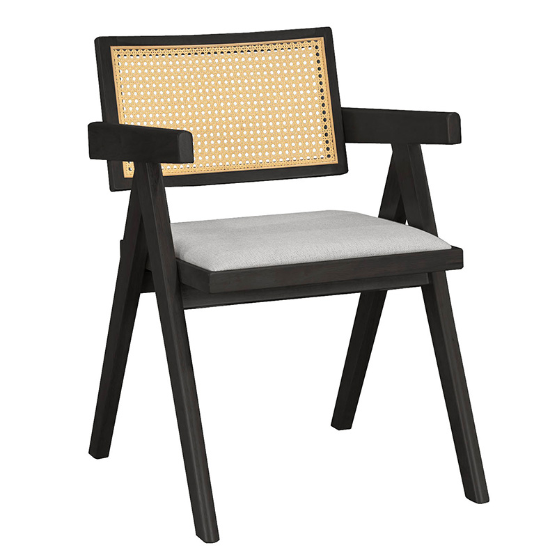 247-000005 Πολυθρόνα Winslow ξύλο rubberwood μαύρο-pvc rattan φυσικό-ύφασμα γκρι