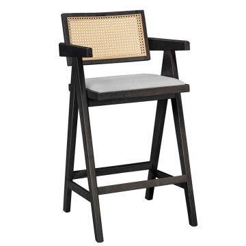 Σκαμπό bar Winslow ξύλο rubberwood μαύρο-pvc rattan φυσικό-ύφασμα γκρι