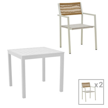 Τραπεζαρία Savor-Kliton σετ 3τεμ λευκό αλουμίνιο και rattan σε φυσικό χρώμα 80x80x74εκ