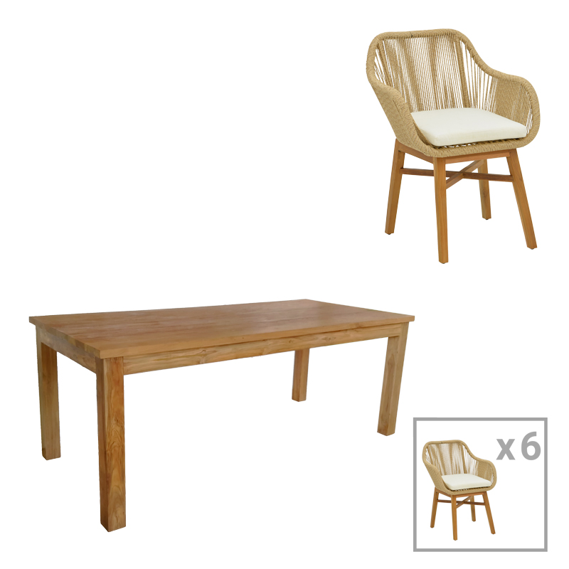343-000063 Τραπεζαρία Kalie-Wooly σετ 7τεμ σε φυσική-μπεζ απόχρωση 220x90x75εκ